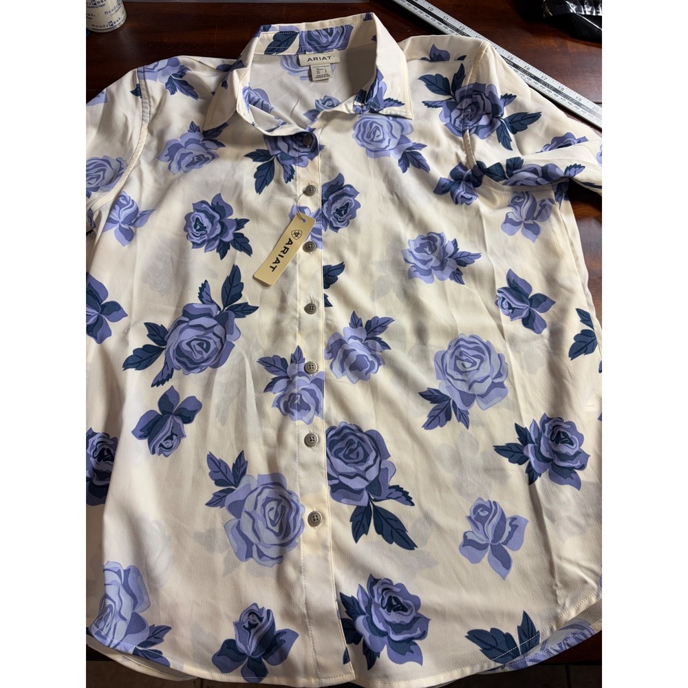 Ariat Women Purple Rose Floral Button Down Shirt Cream Long Sleeve Large NWT